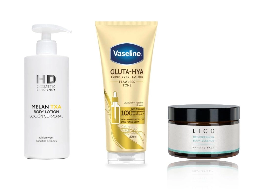 De gauche à droite : Melan TXA, de HD Cosmetic (49,90 €) ; Gluta HYA, de Vasenol (cpv) ; Et Peeling Pads, de chez Lico (49,90 €). 