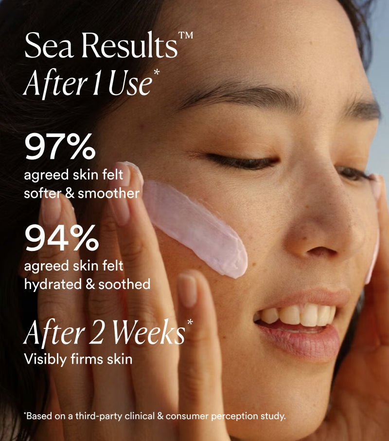 Femme appliquant un produit de soin avec la marque Sea Results et statistiques d'utilisation de la crème Dream Night avec Bio-Rétinol