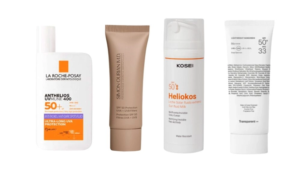 De gauche à droite : Anthelios UvMune 400, de La Roche-Posay ; Filtres SPF 50 Protection UVA + UVB, par Simon Ourian MD ; Héliokos, de Kosei ; Écran solaire invisible Spf50+, de Transparent Lab.